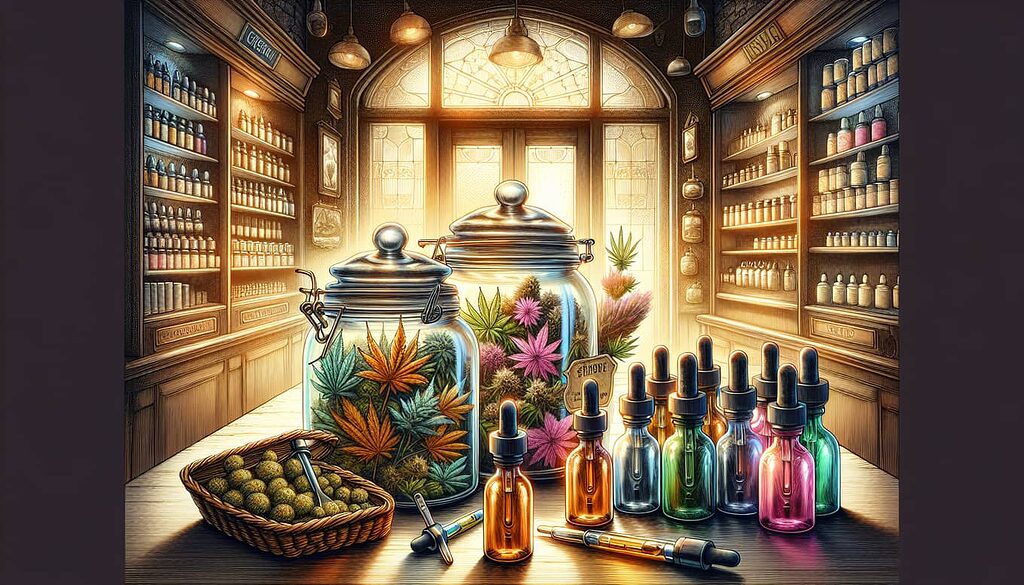 Variety of CBD products in a tobacconist's shop