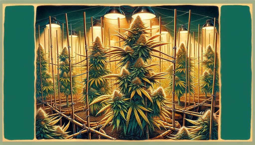 Illustration of structural support for cannabis plants during flowering