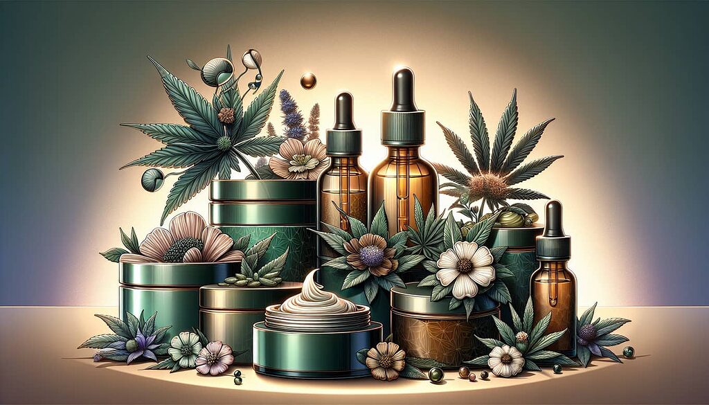 Ilustración de productos de CBD como flores, aceites y cremas