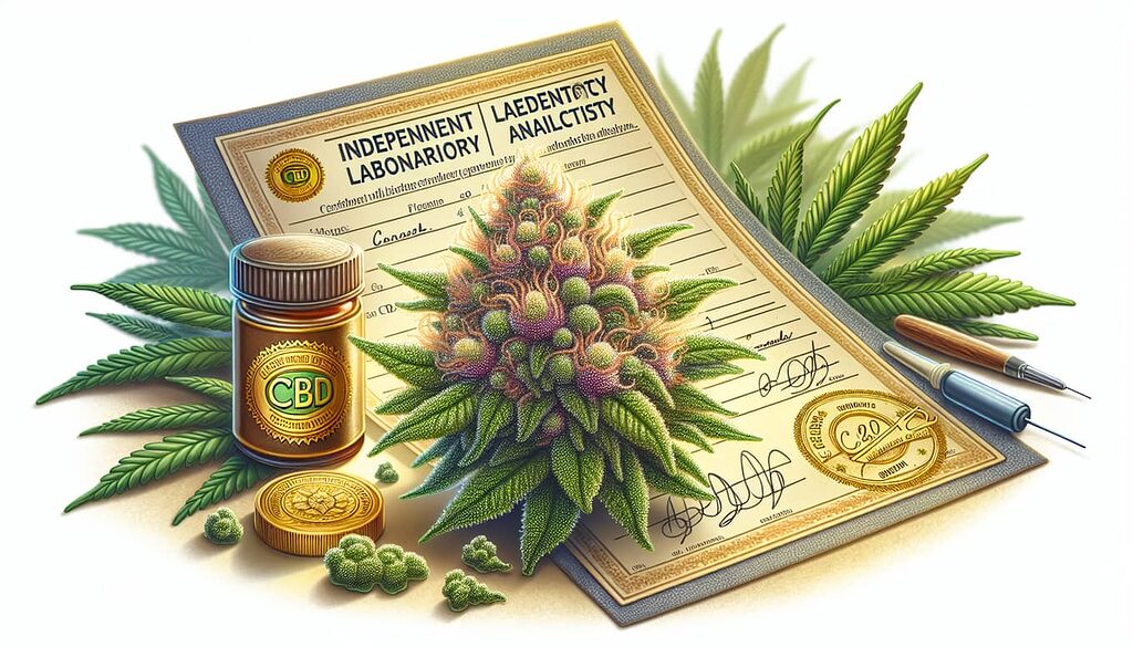 Ilustración de una flor de CBD con tricomas y un certificado de análisis