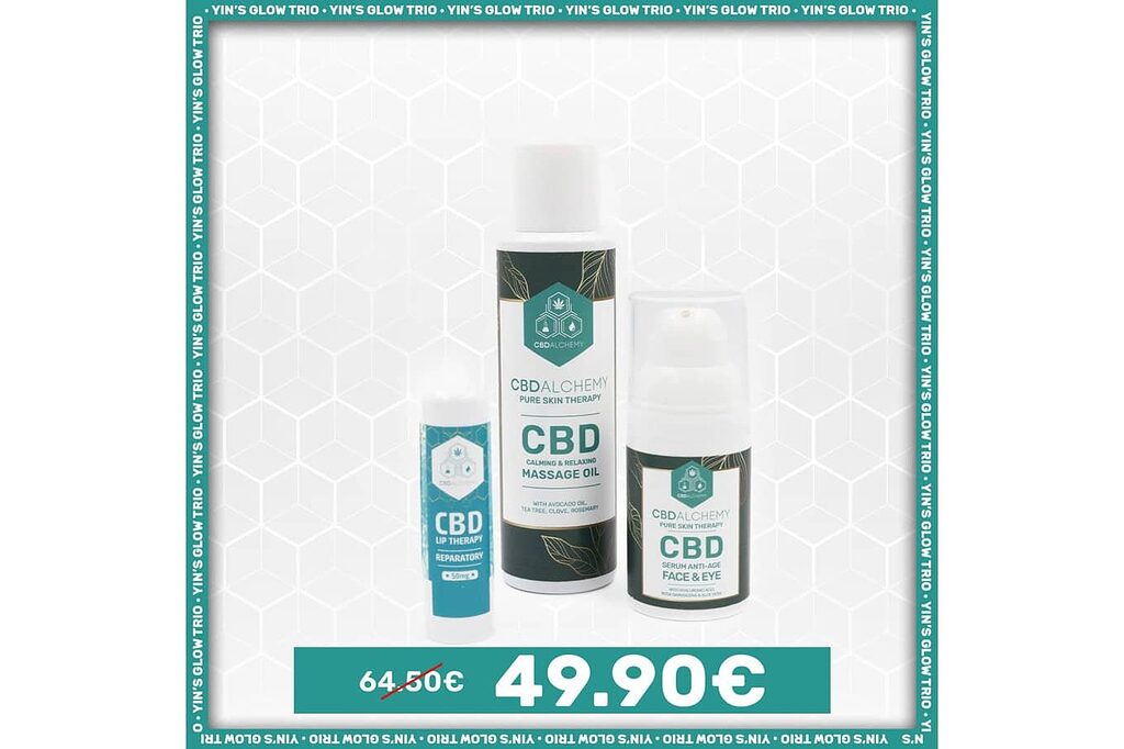Yin’s Glow Trio: Sérum facial CBD + bálsamo labial hidratante orgánico.