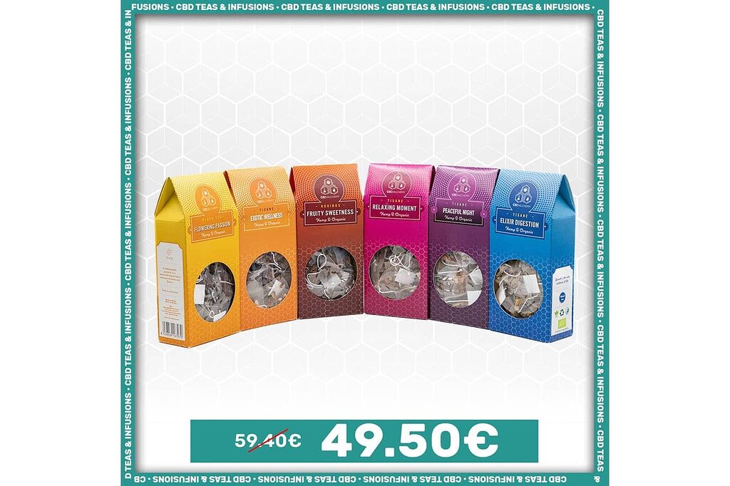 Lote de 6 tés CBD: Camomila, jengibre y cúrcuma con cáñamo ecológico.