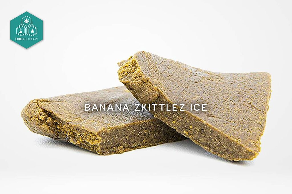 Banana Zkittlez Ice Resin from 3,20€/g, cheap CBD concentrate with immediate relaxing effects.