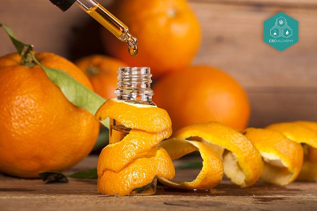 Limonene, with its characteristic citrus aroma, is a monoterpene present both in citrus peel and in certain varieties of cannabis.