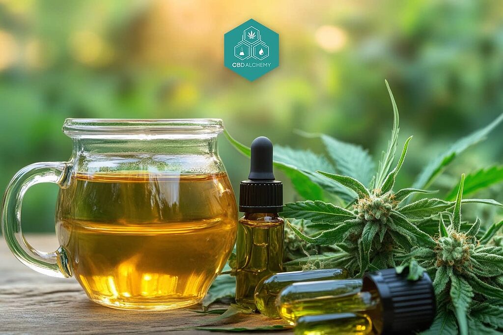 Tea cup with hemp tea and CBD oil next to it.