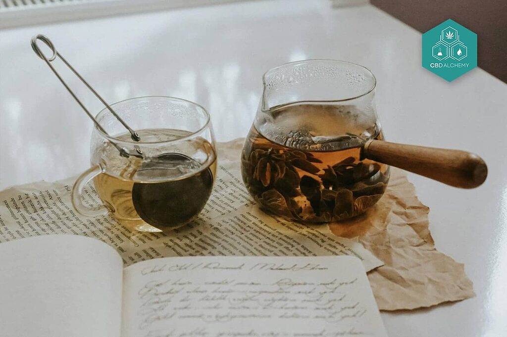 Tea strainer with loose hemp leaves.