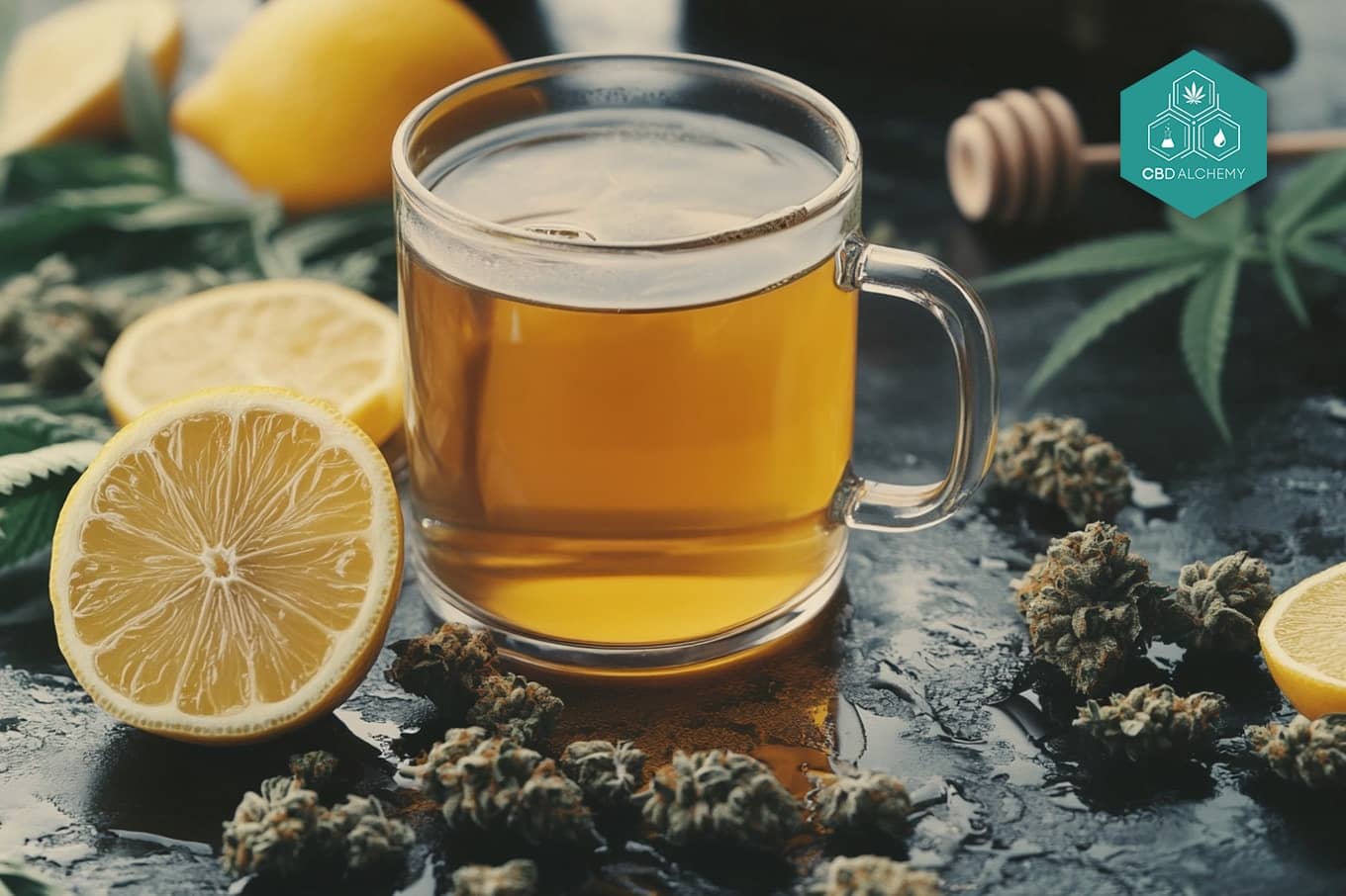 Hemp tea refined with lemon and honey.