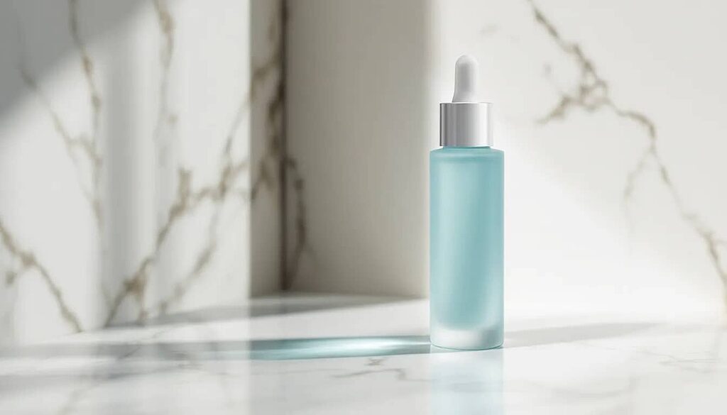 A close-up of a bottle of CBD hyaluronic acid serum on a marble countertop.