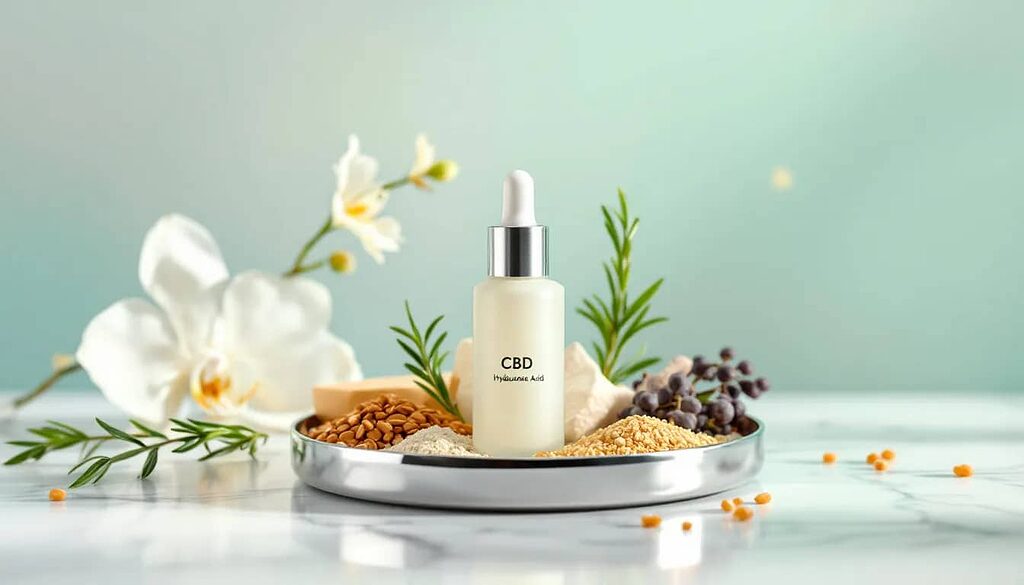 An assortment of key ingredients used in CBD hyaluronic acid serum.