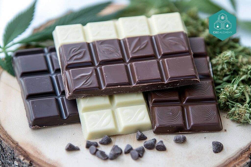 An assortment of hemp chocolates displayed on a wooden table.
