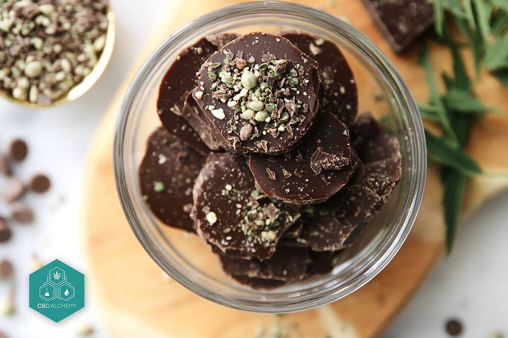 Enjoy vegan dark chocolates with cannabis seeds.