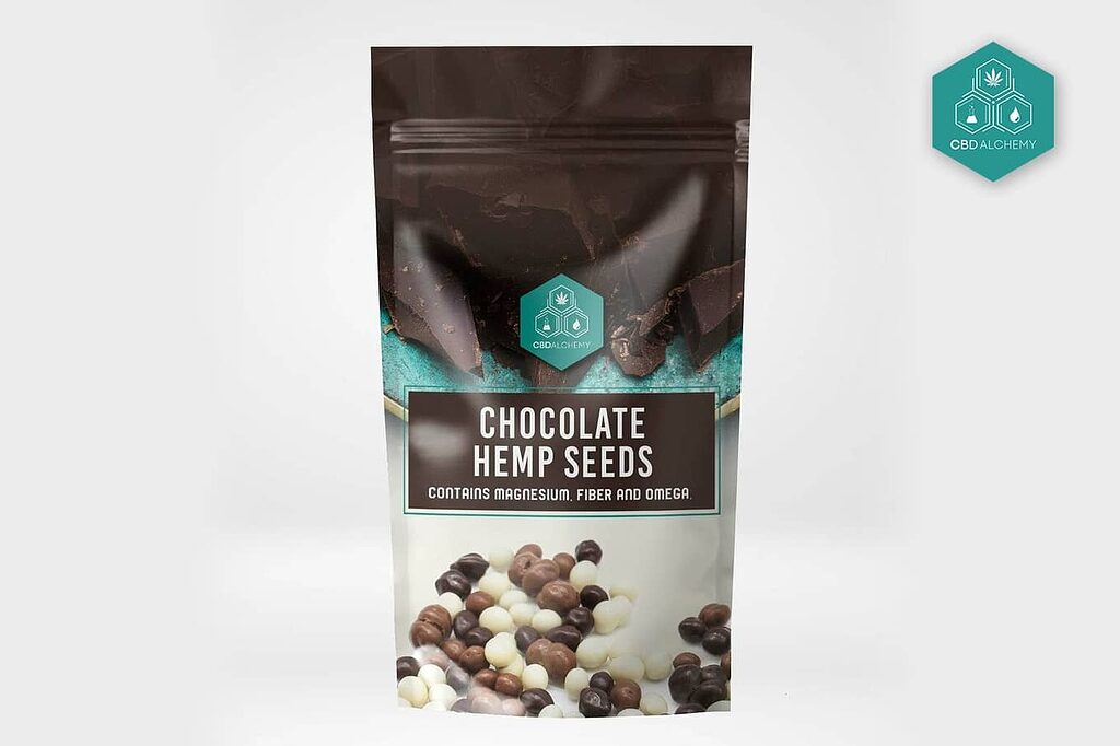 Chocolate Hemp Seeds Snack featuring triple chocolate blend with crunchy hemp seeds.