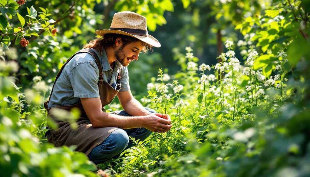 A grower tending to ruderalis hybrids in an outdoor garden.