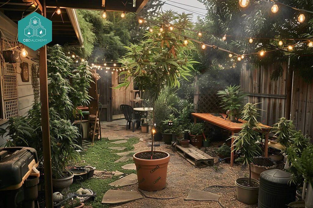 Different strain types of cannabis plants growing in a garden.